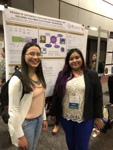 Undergraduate researcher Veronica Marin Ponce and master's student Marisa Snapp-Leo at Marisa's poster at the 2018 Women in Science and Engineering Conference