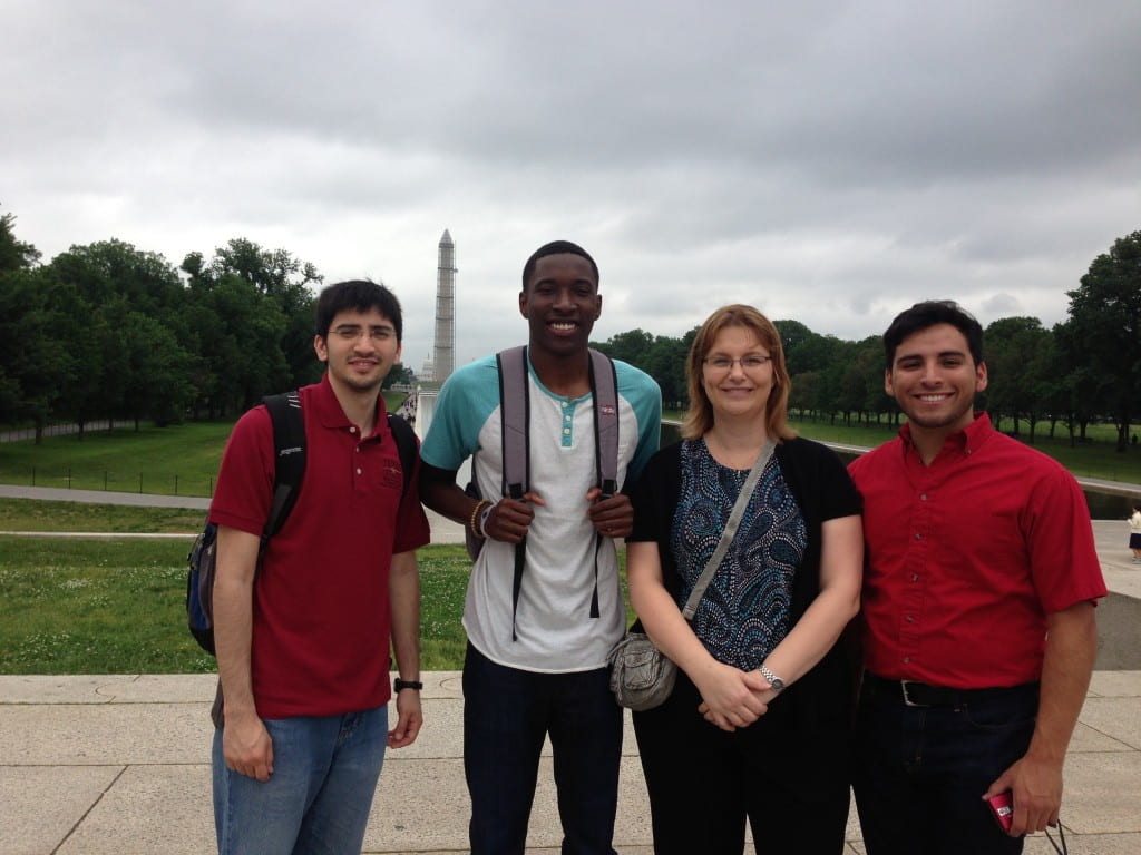 From left to right: Travis Cantu (graduate student, Betancourt/Irvin lab), Davontae Habbit (undergraduate student, Sun Lab), Dr. Irvin, and Jose Dominguez (undergraduate student, Betancourt lab) in Washington D.C. for a National Science Foundation meeting, May 2013.